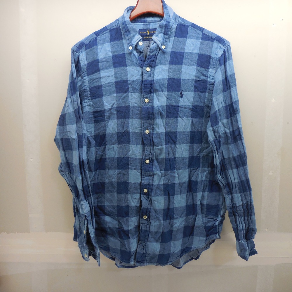 Polo Ralph Lauren Mens Classic Fit Indigo Buffalo Plaid Button Down Shirt Blue L